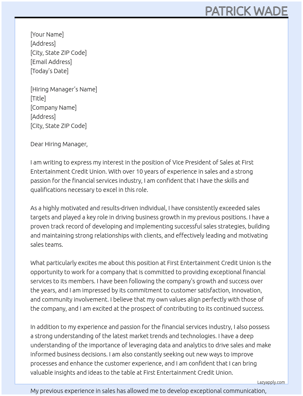Vice President of Sales At First Entertainment Credit Union Cover Letter