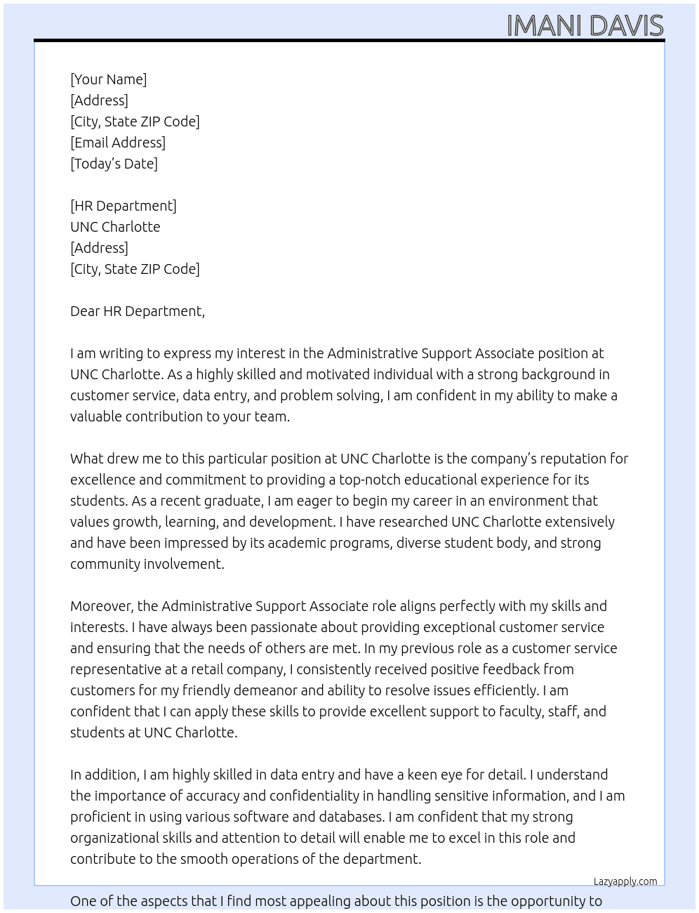 Administrative Support Associate At UNC Charlotte Cover Letter