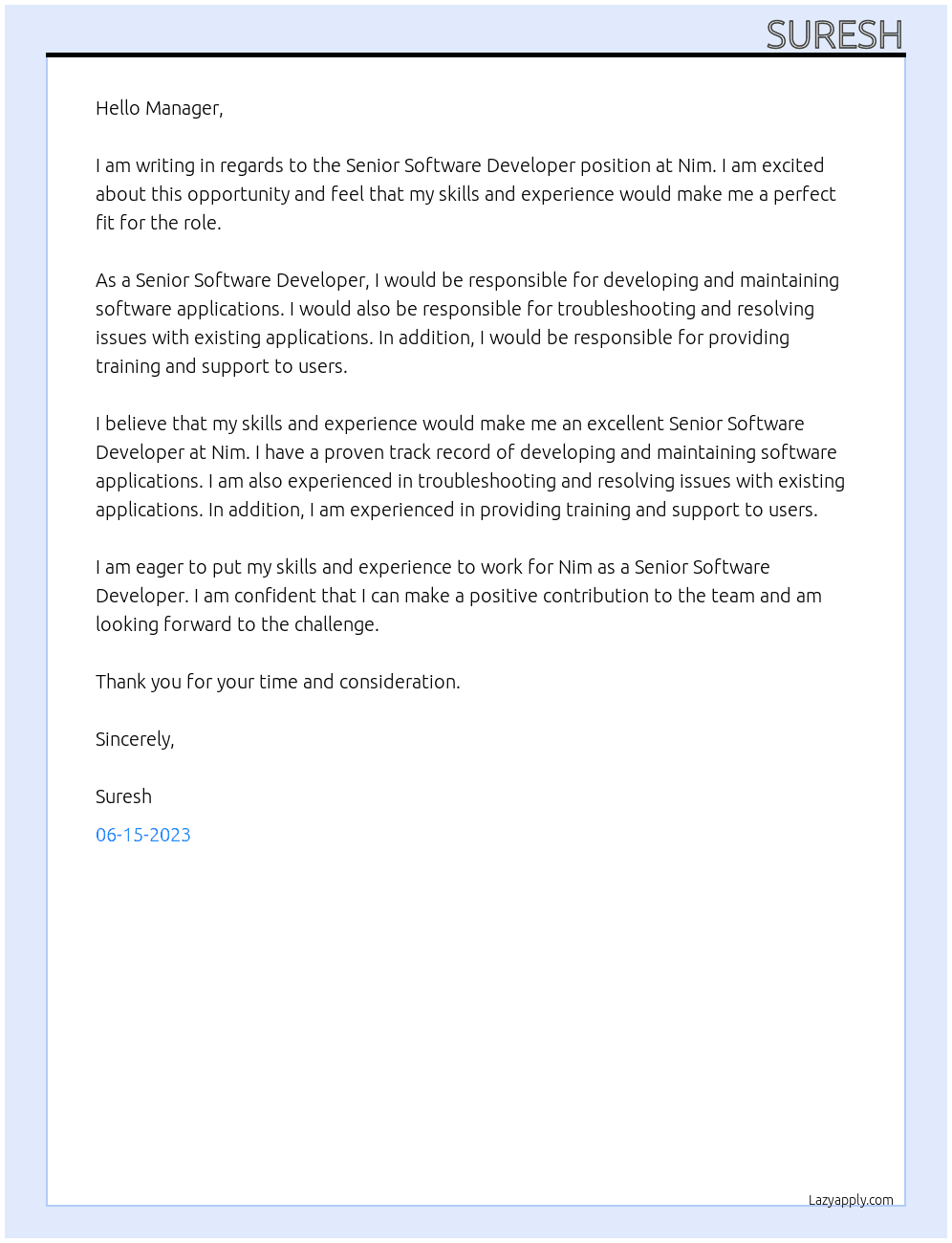 Senior software developer At Nim Cover Letter
