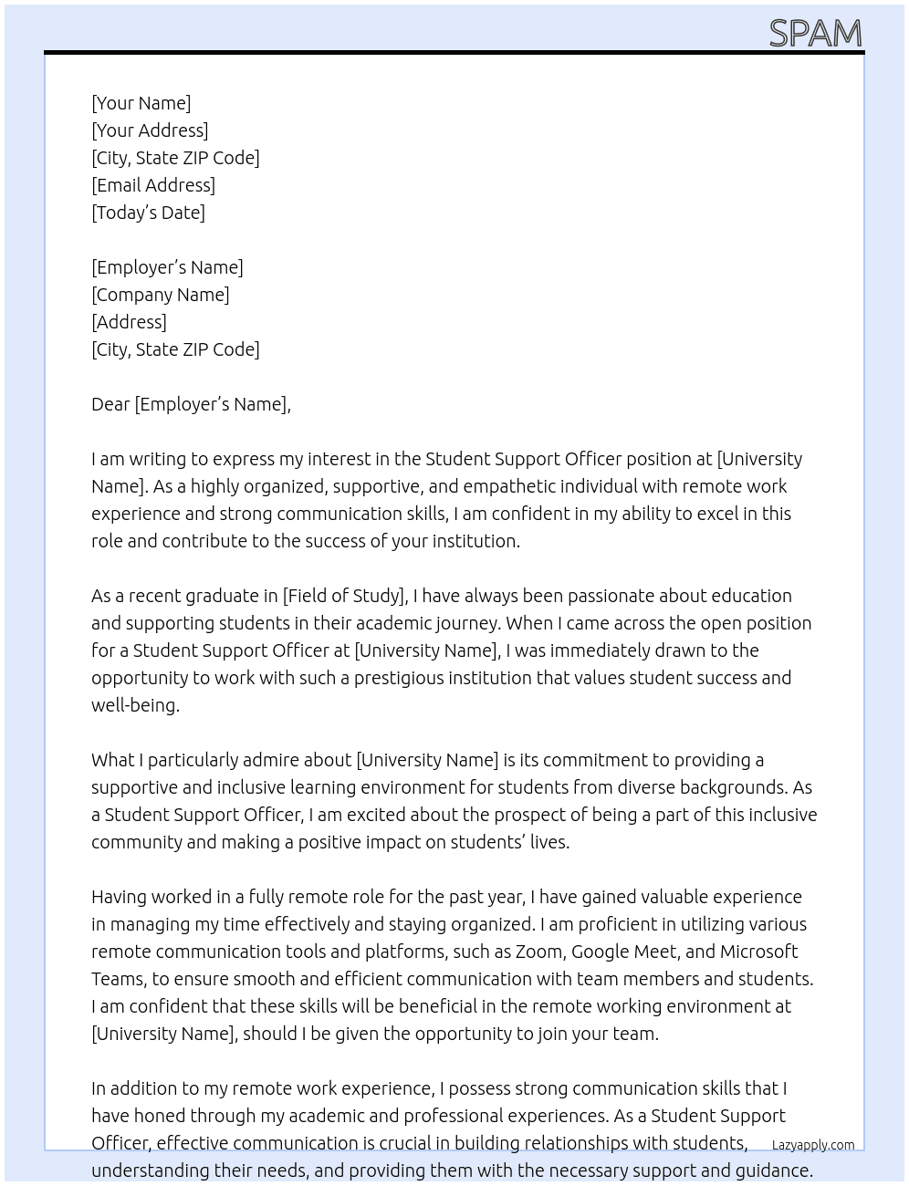 Cover letter for student support officer - LazyApply