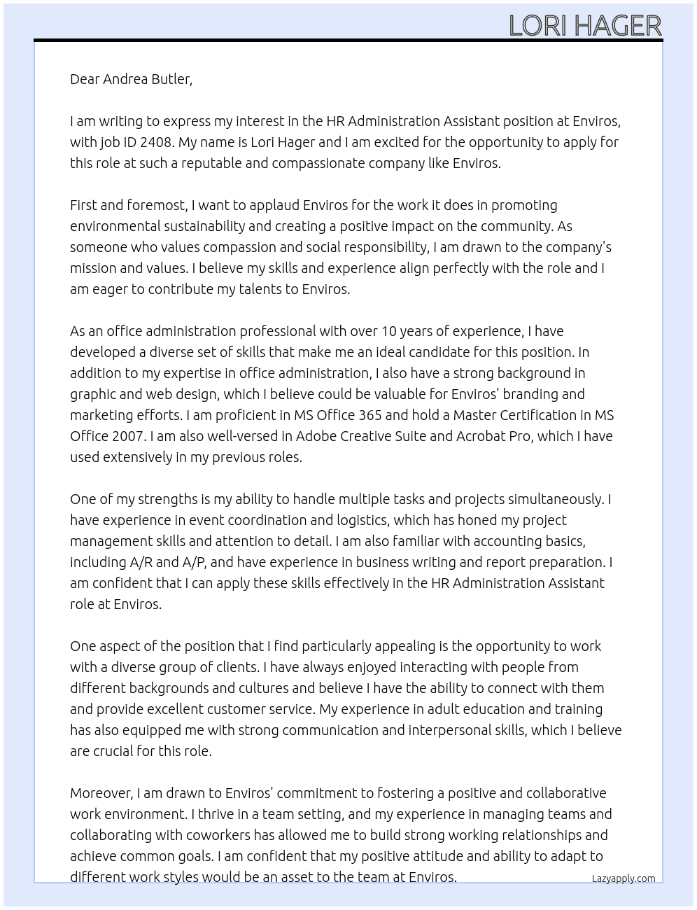 HR Administration Assistant, Job ID 2408 At Enviros Cover Letter