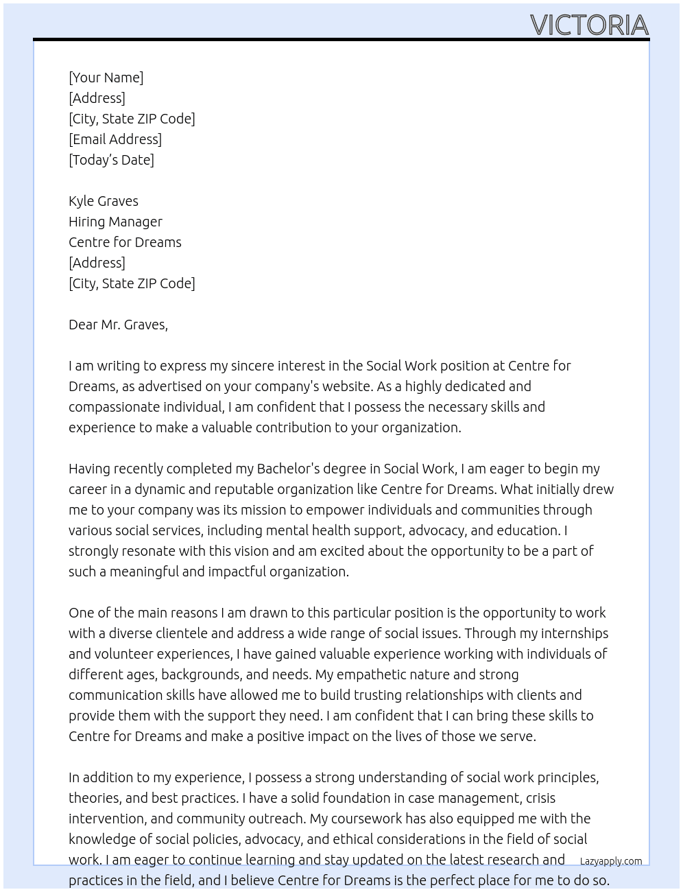 Social Work At Centre for Dreams Cover Letter