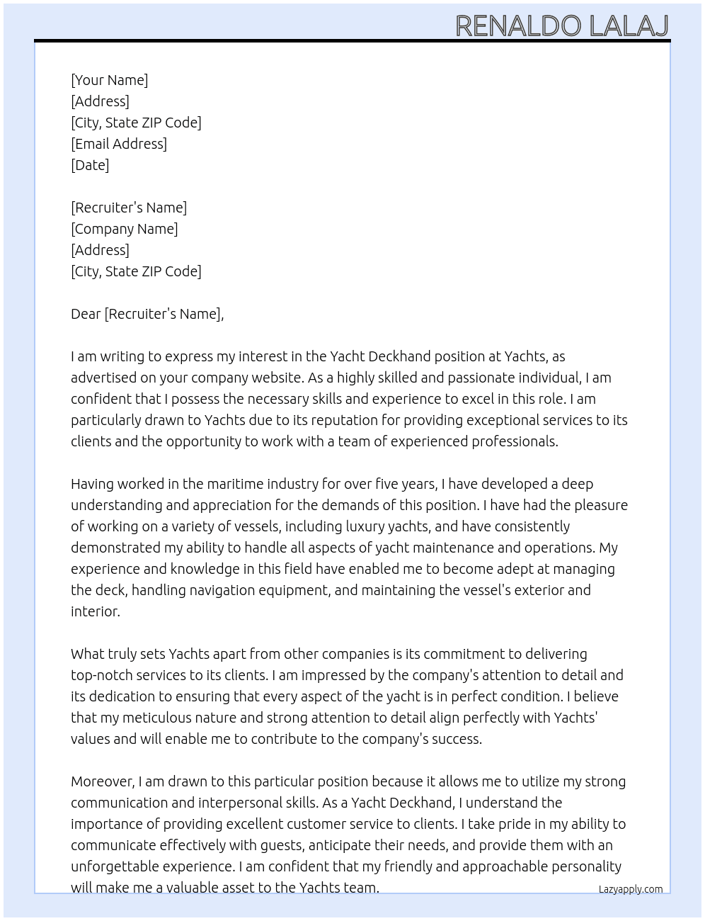 Yacht Deckhand  At Yachts Cover Letter