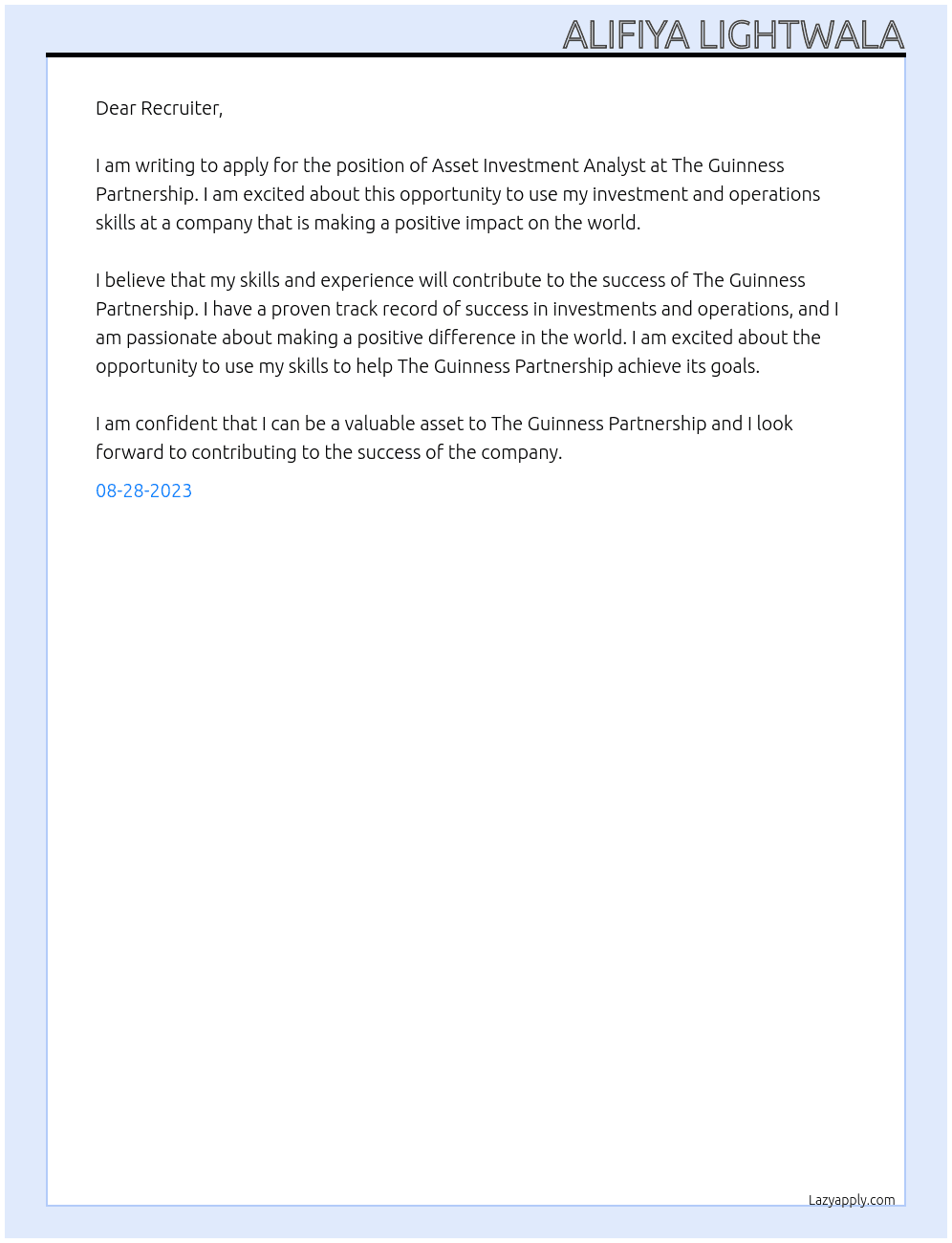  Asset Investment Analyst At The Guinness Partnership Cover Letter
