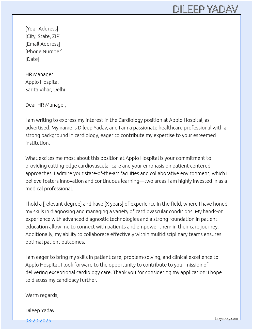 Cover letter for cardiology - LazyApply
