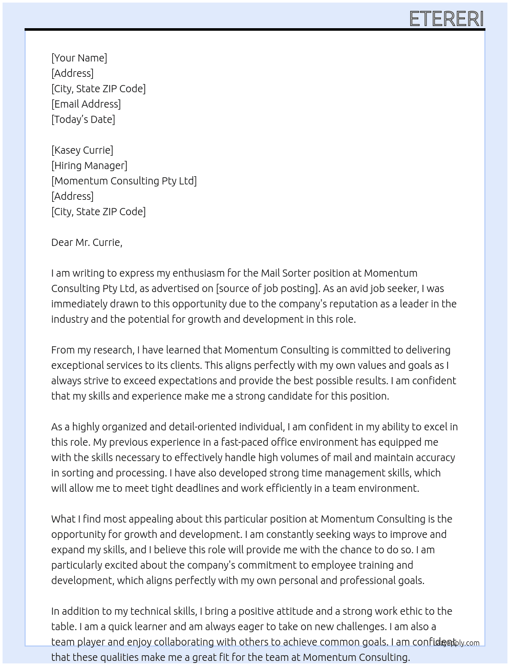Mail Sorter At Momentum Consulting Pty Ltd Cover Letter