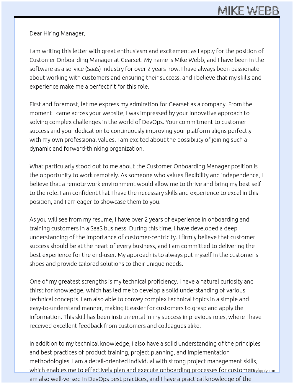 Customer Onboarding Manager At Gearset Cover Letter