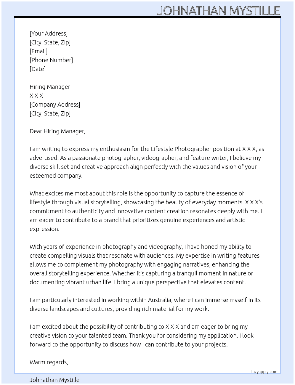 Lifestyle Photographer  At X X X Cover Letter