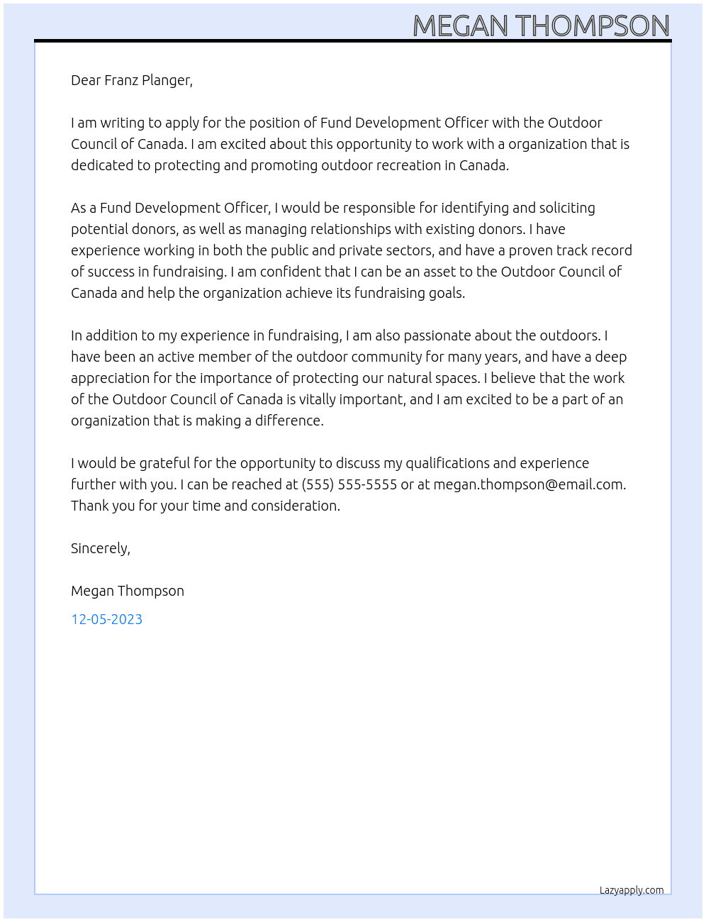 Fund Development Officer At Outdoor Council of Canada Cover Letter