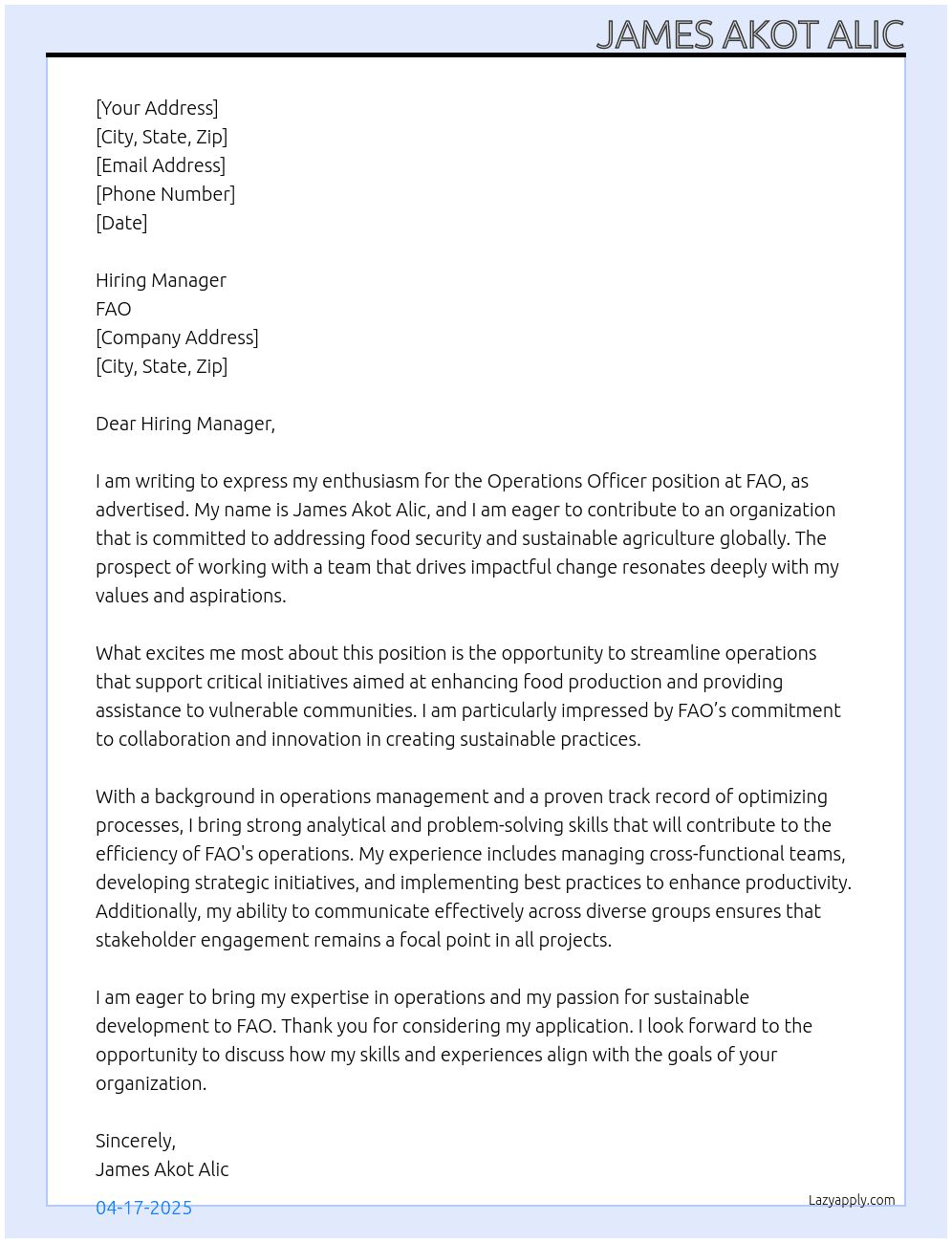 Operations Officer  At FAO Cover Letter