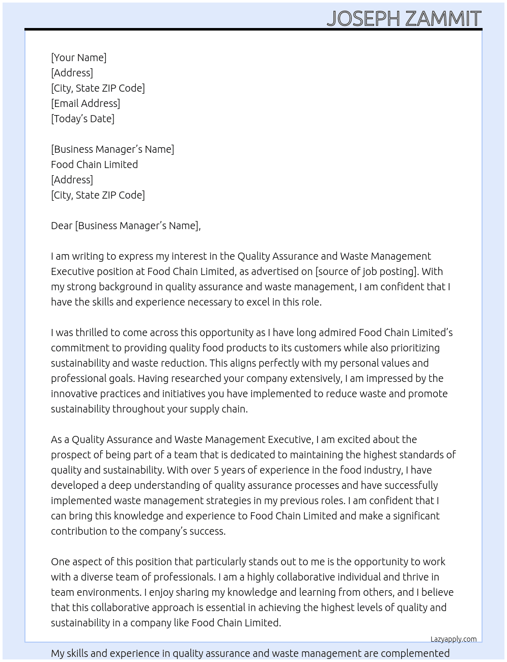 Quality Assurance and Waster Management Executive At Food Chain Limited Cover Letter