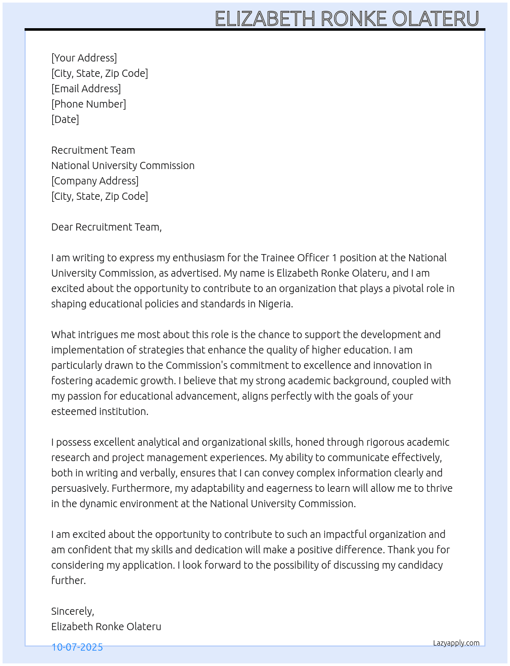 Cover letter for officer cadre - trainee officer 1 - LazyApply