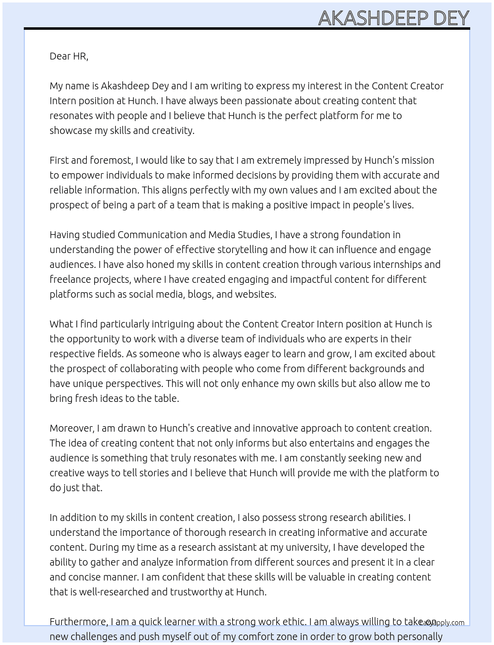 CONTENT CREATOR INTERN At HUNCH Cover Letter