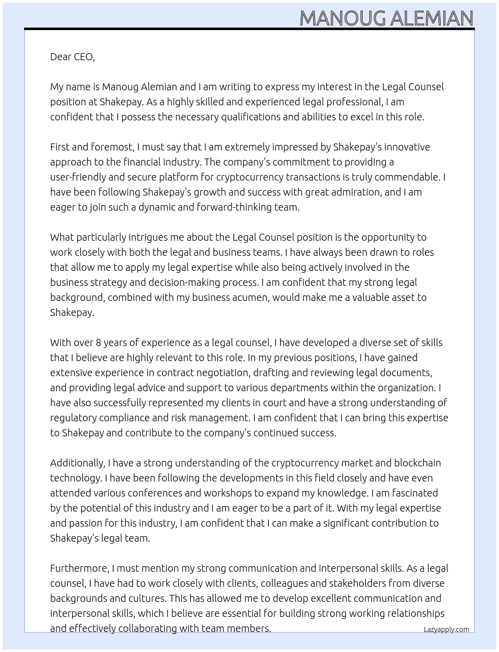 Legal Counsel At Shakepay Cover Letter