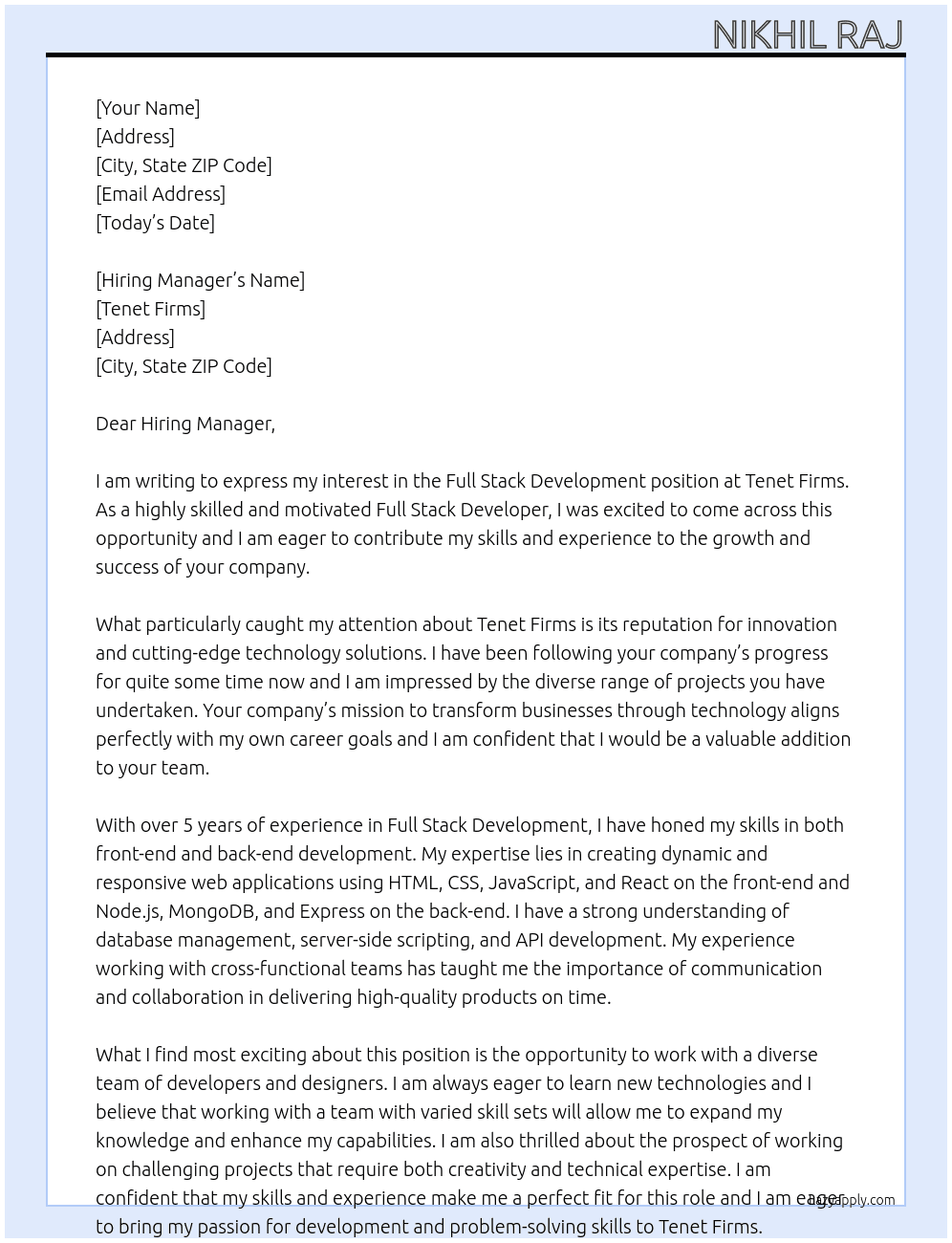 Full stack development At Tenet firms Cover Letter