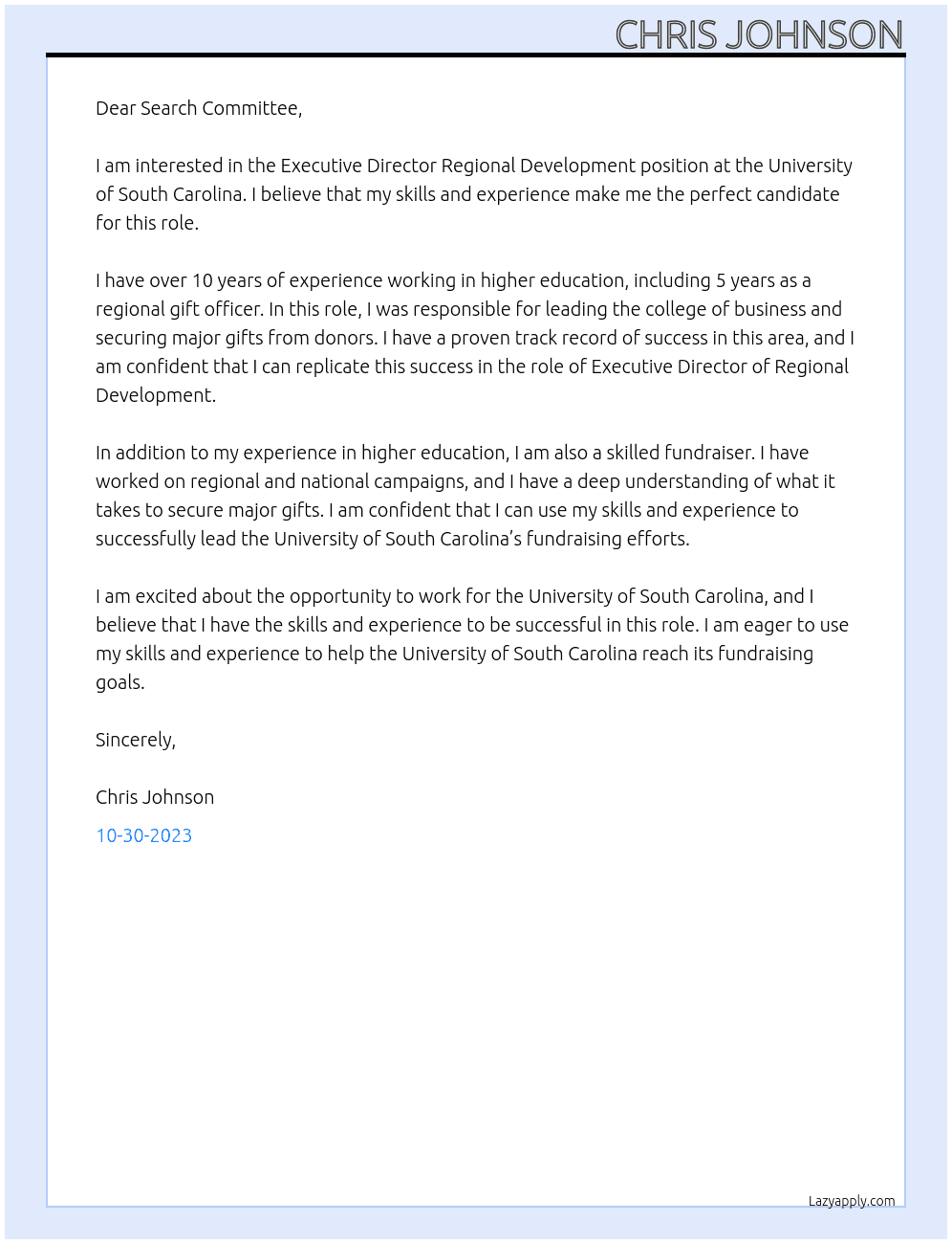 Executive Director Regional Development  At University os South Carolina  Cover Letter