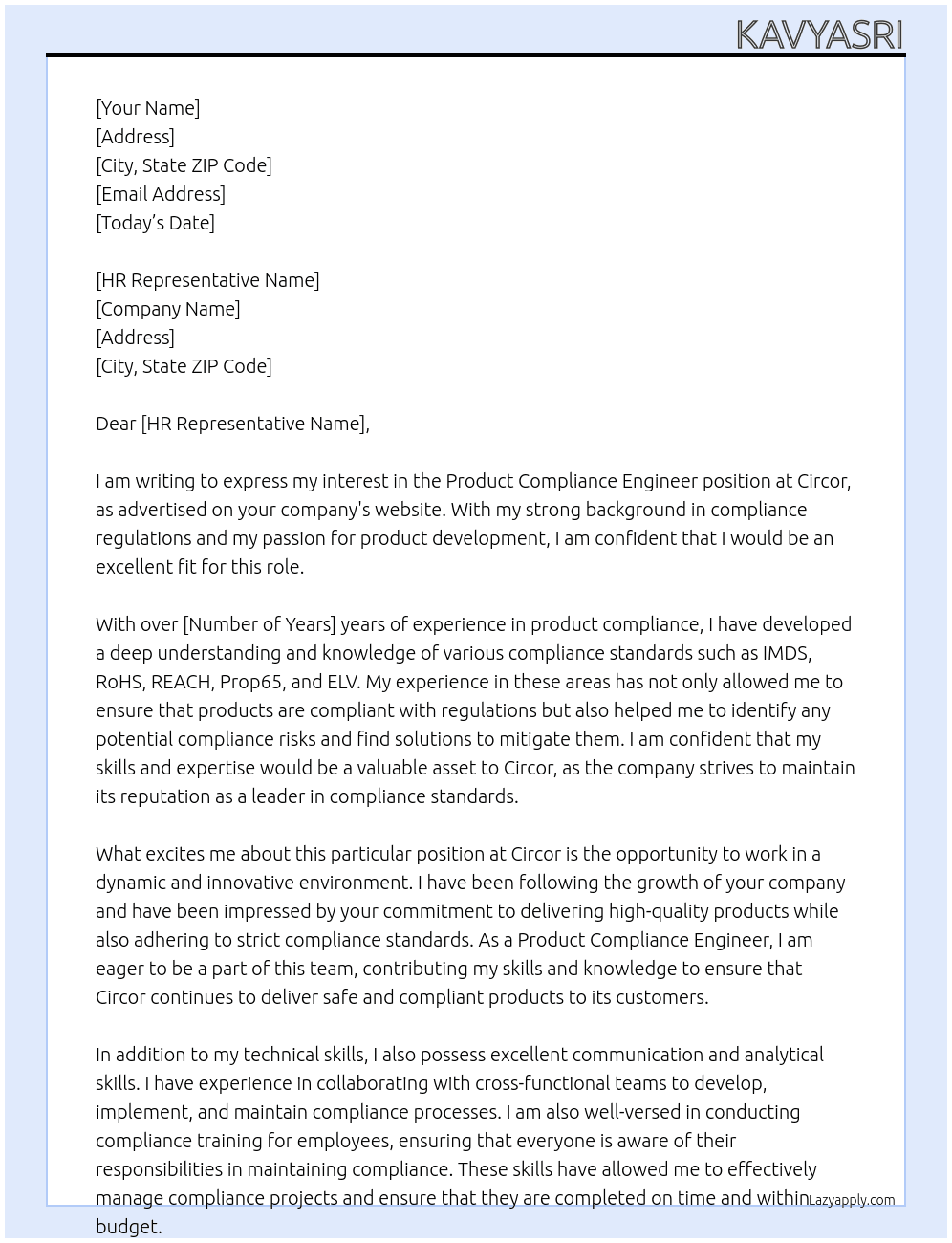 Product compliance engineer  At Circor Cover Letter
