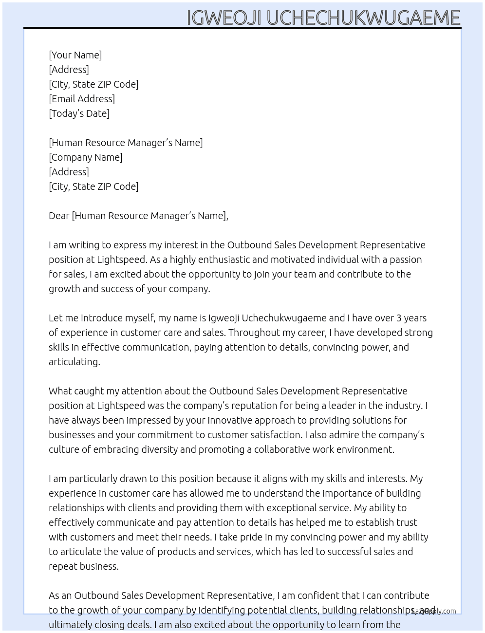 Outbound Sales Development Representative At Lightspeed Cover Letter