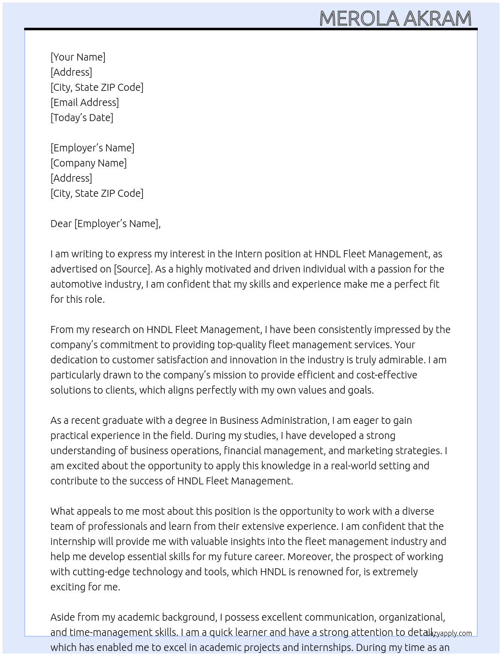 intern At HNDL Fleet managment Cover Letter