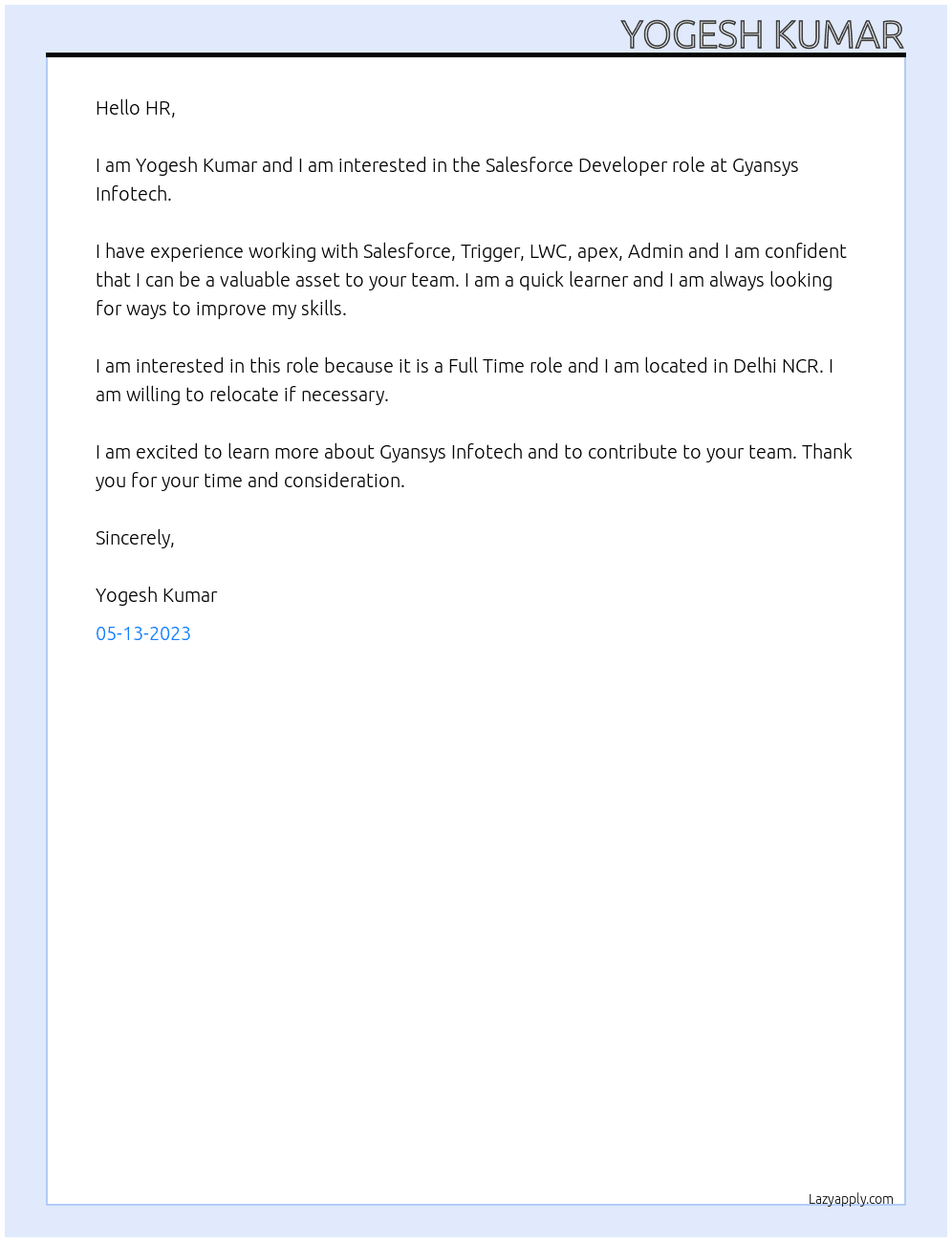 Salesforce Developer At Gyansys Infotech Cover Letter