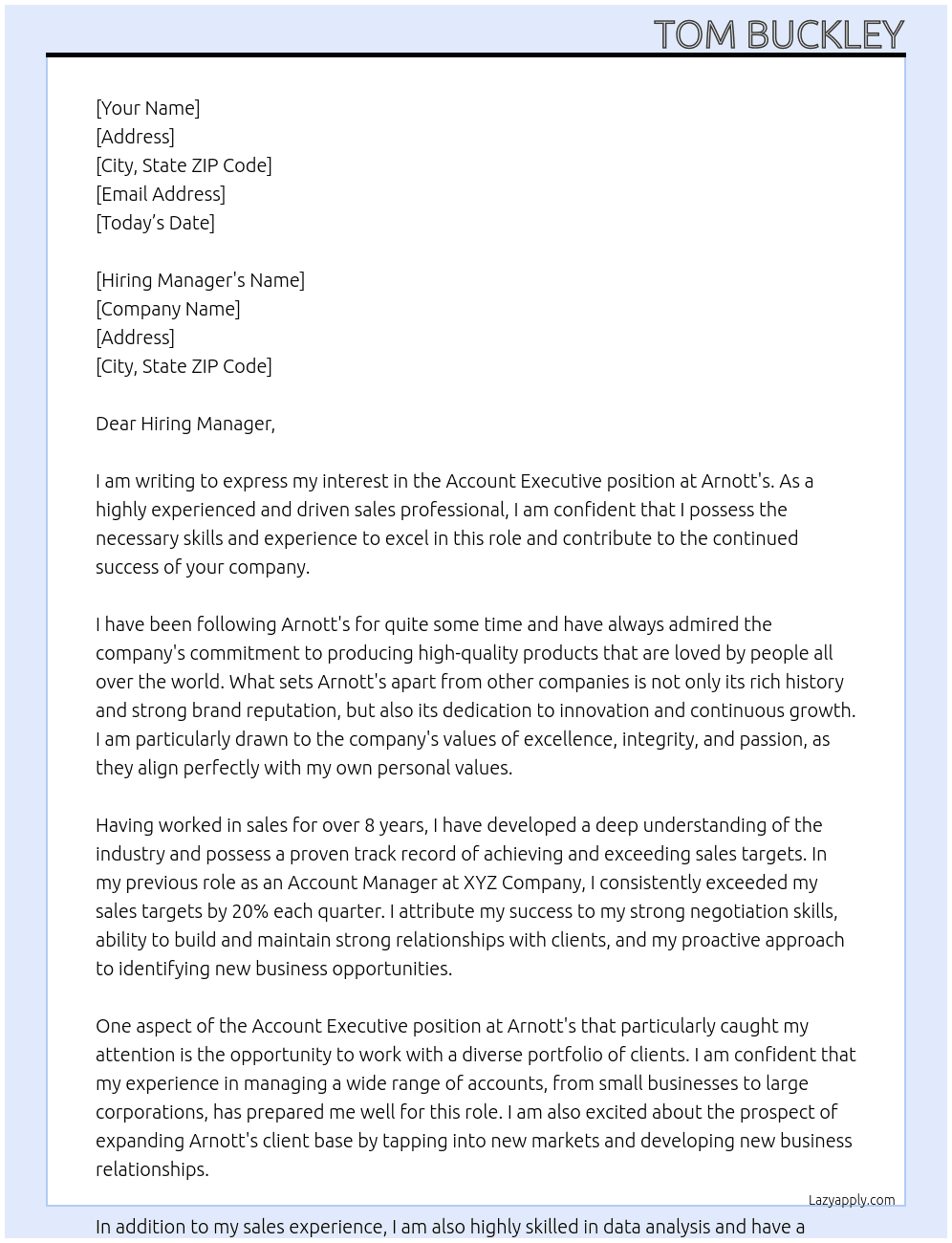 Account Executive At Arnott's Cover Letter