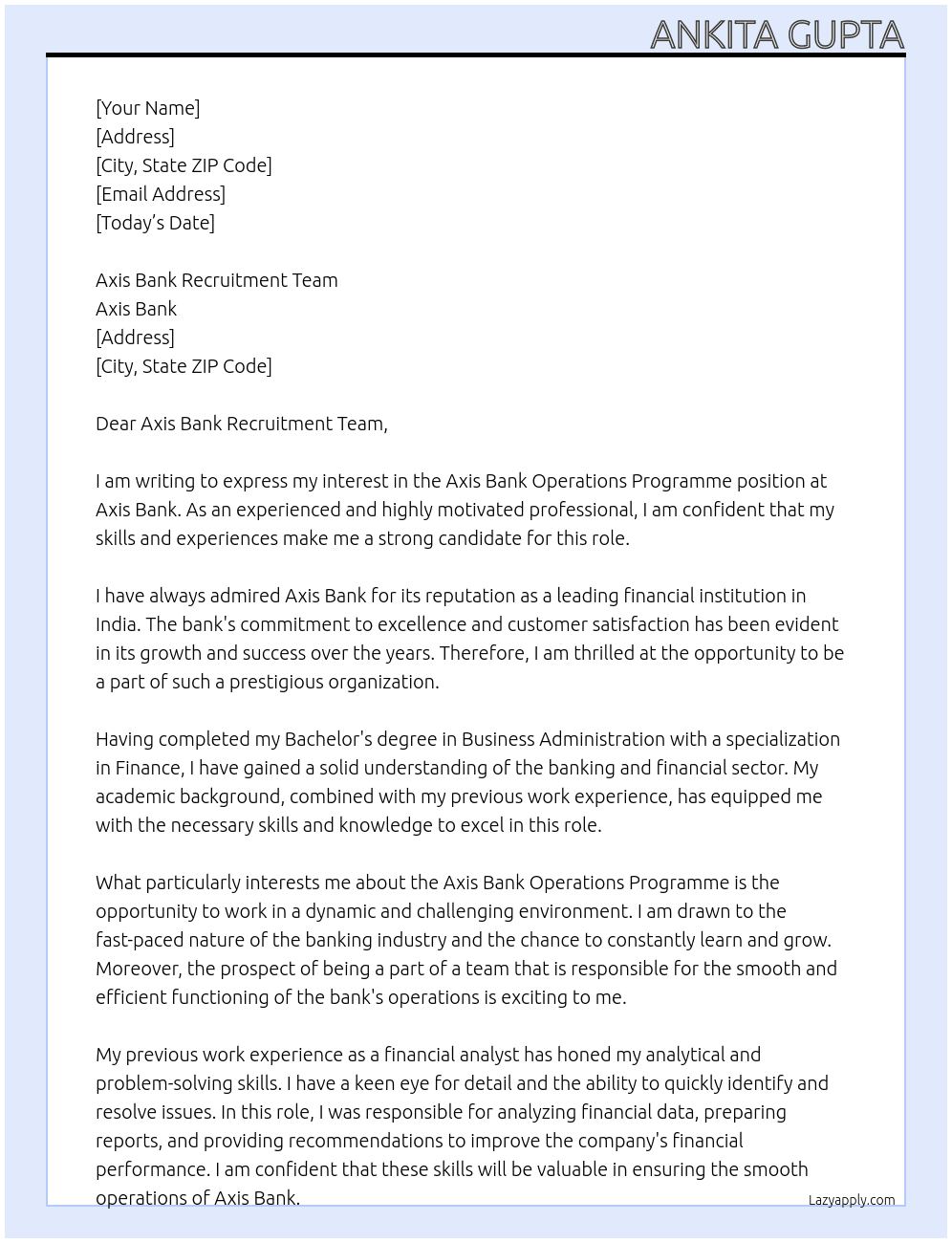 Cover letter for axis bank operations programme - LazyApply