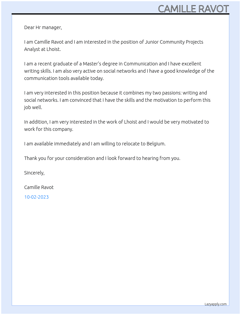 JUNIOR COMMUNITY PROJECTS ANALYST At Lhoist Cover Letter