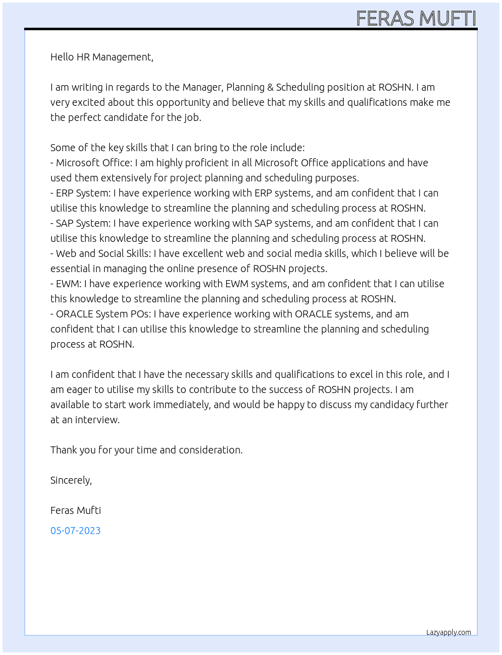Manager, Planning & Scheduling At ROSHN Cover Letter