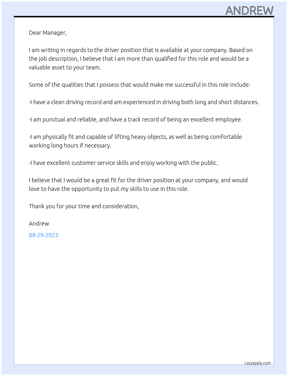 driver At hard worker Cover Letter