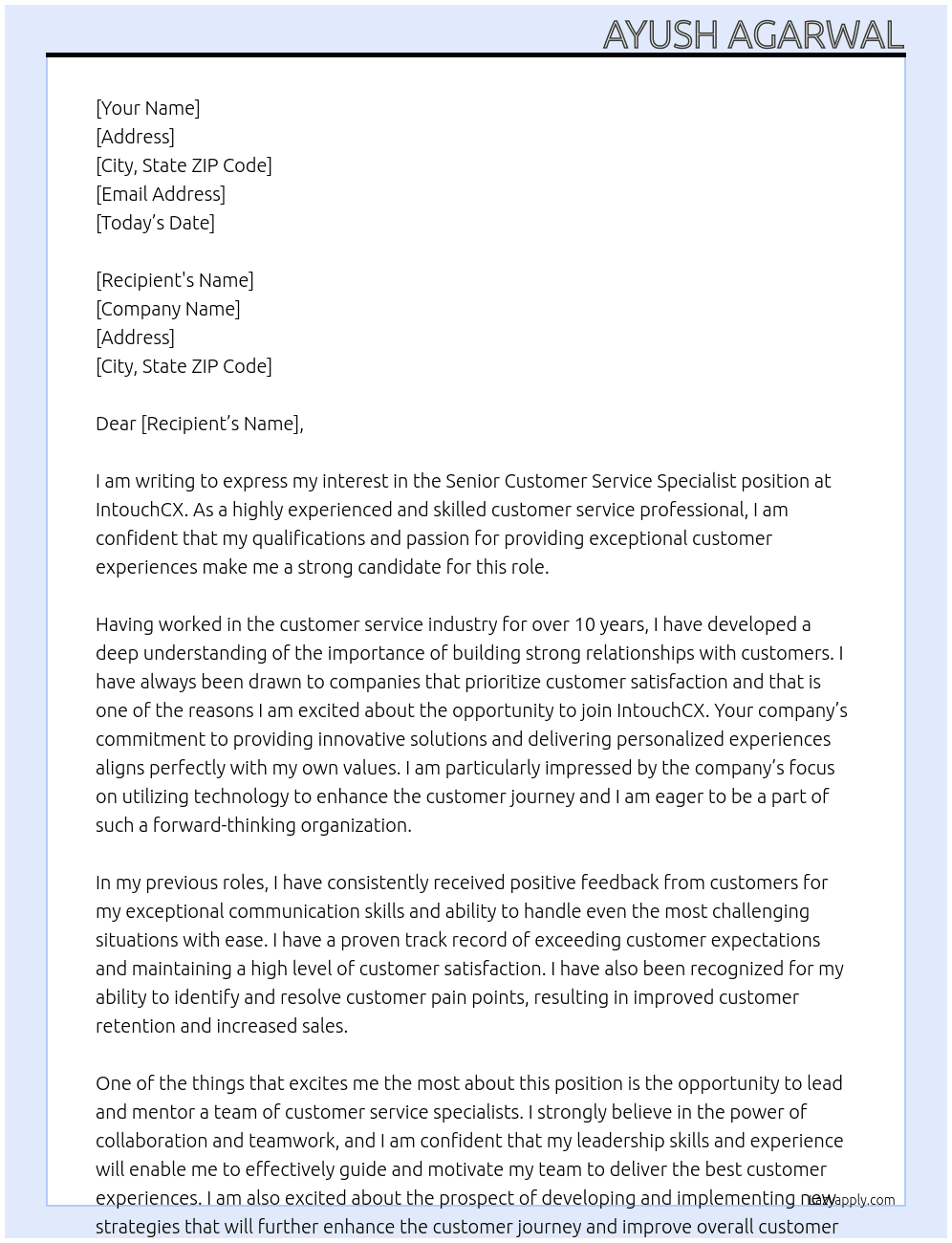 Senior customer service specialist At IntouchCX Cover Letter