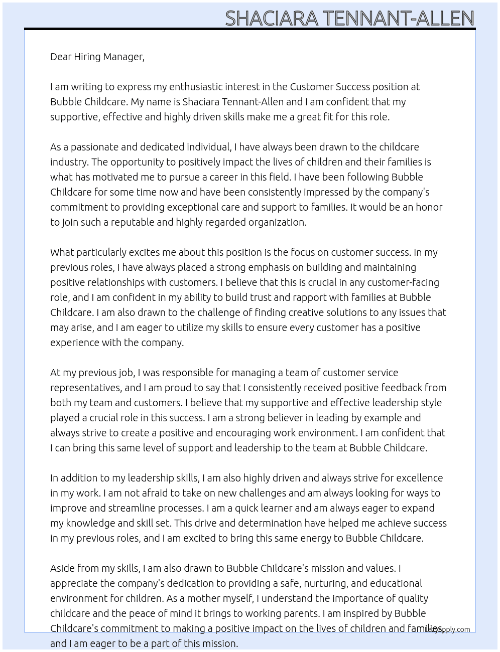 customer success At bubble childcare Cover Letter