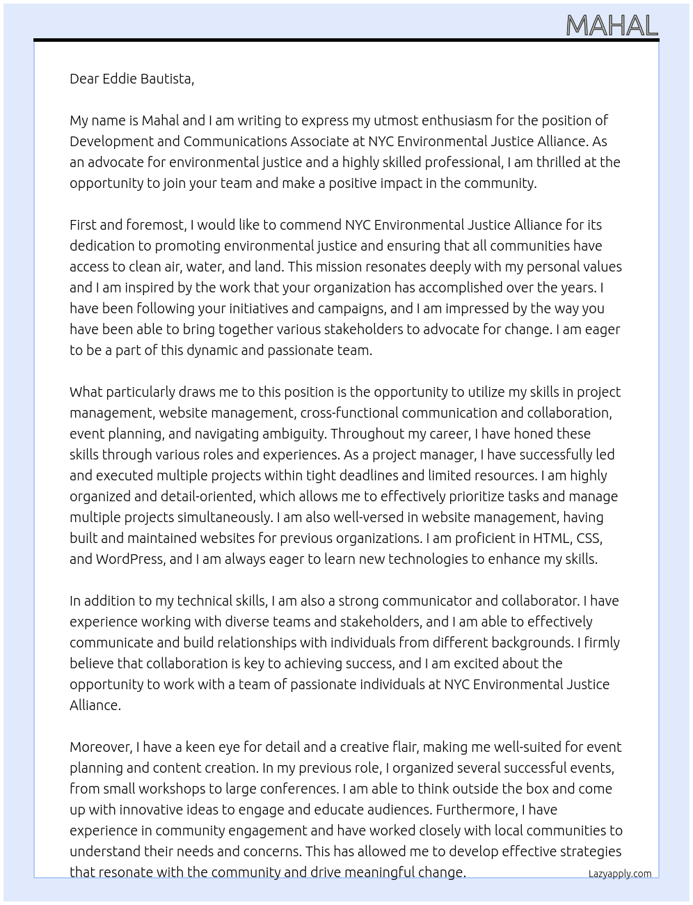 Development and Communications Associate At NYC Environmental Justic Alliance Cover Letter