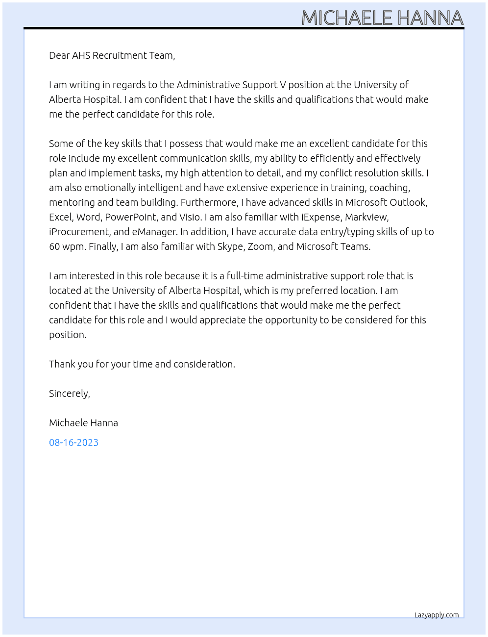 Administrative Support V At AHS Cover Letter