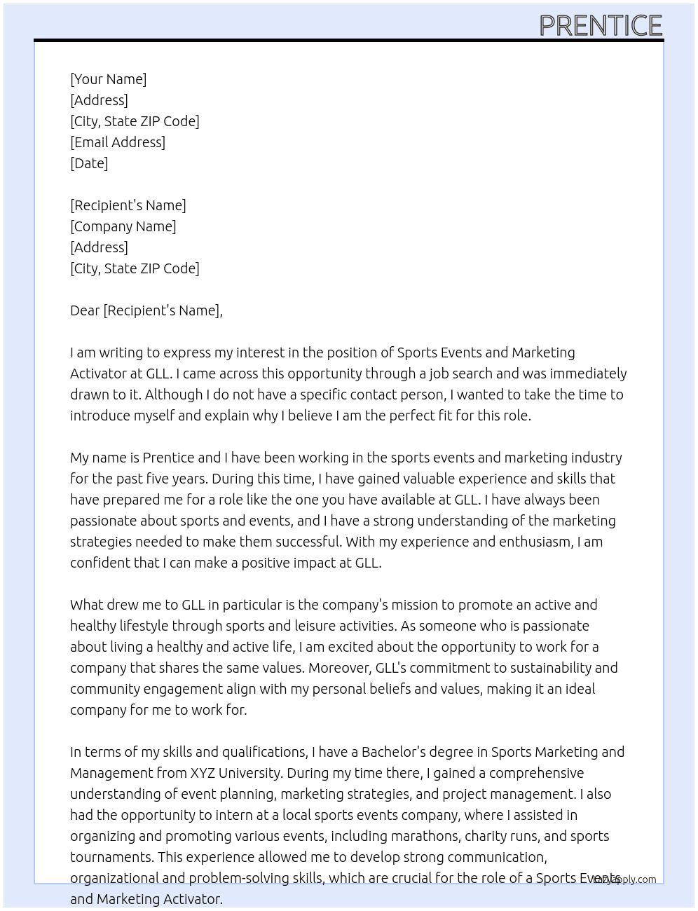 Sports Events and Marketing Activator At GLL Cover Letter