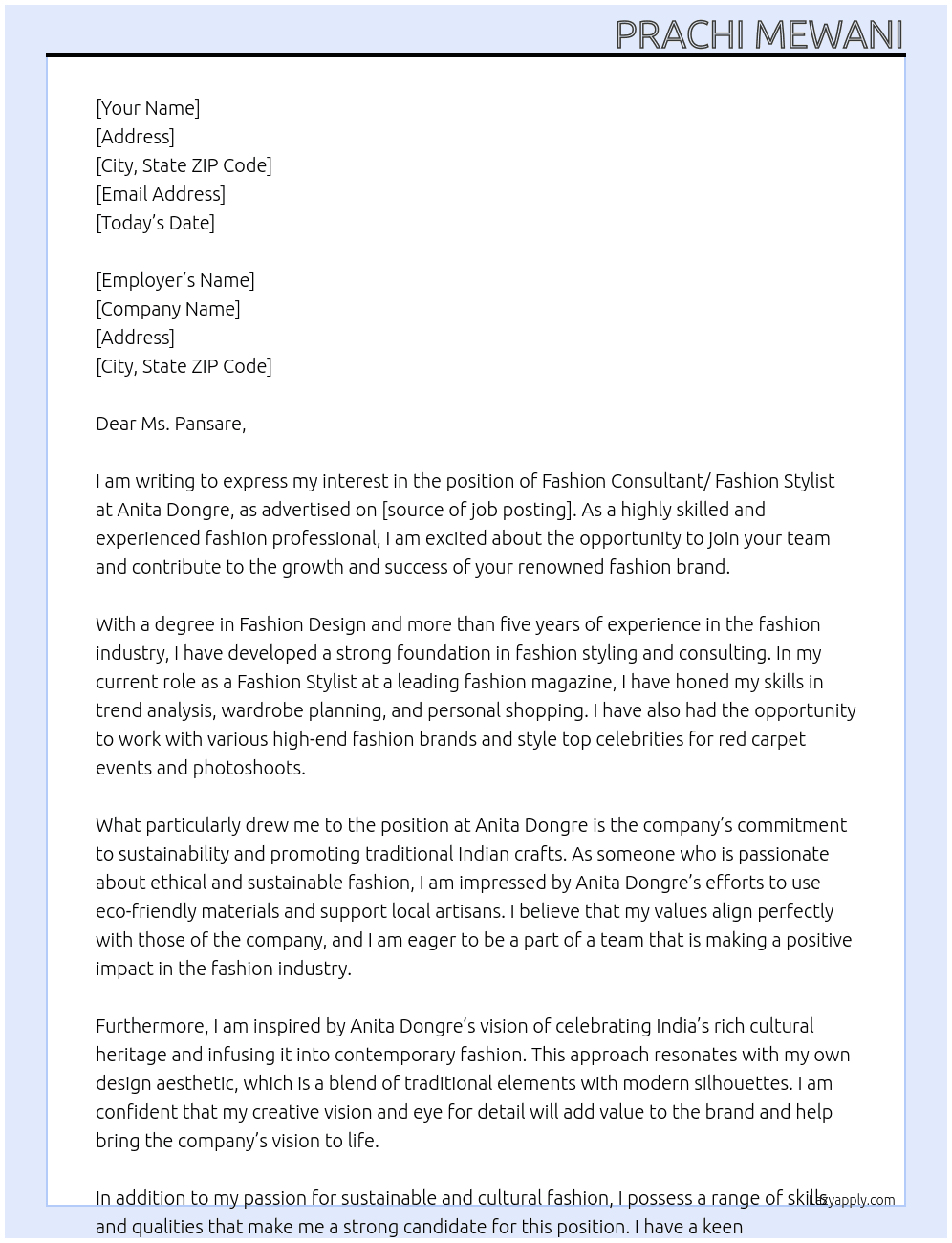 Fashion consultant / fashion stylist At Anita Dongre  Cover Letter