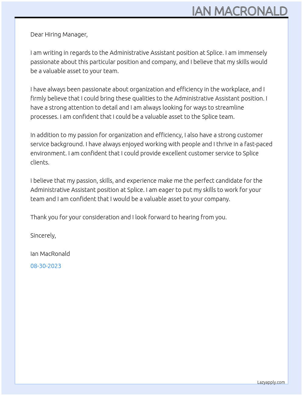 Administrative Assistant At Splice Cover Letter