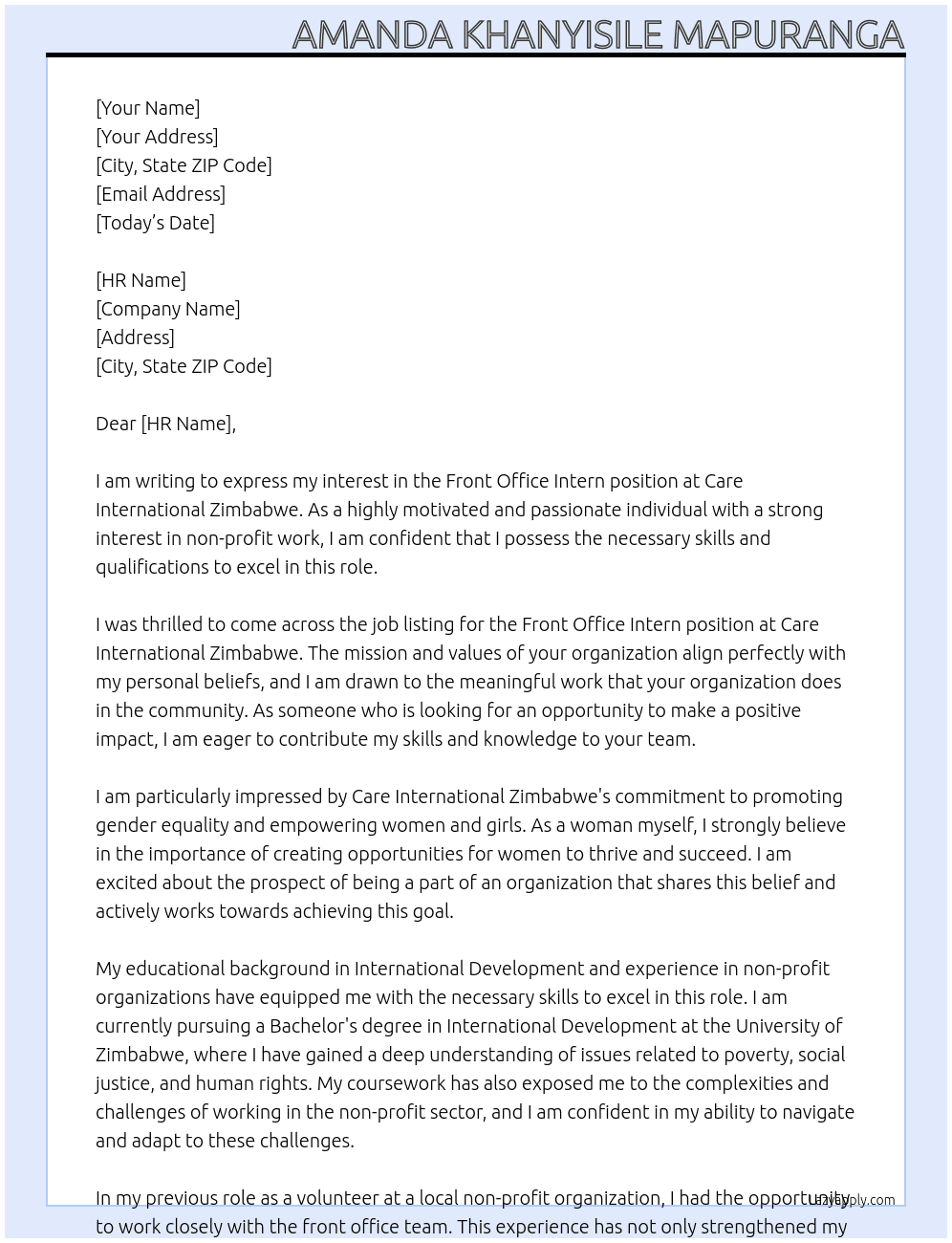 front office intern  At care international zimbabwe Cover Letter
