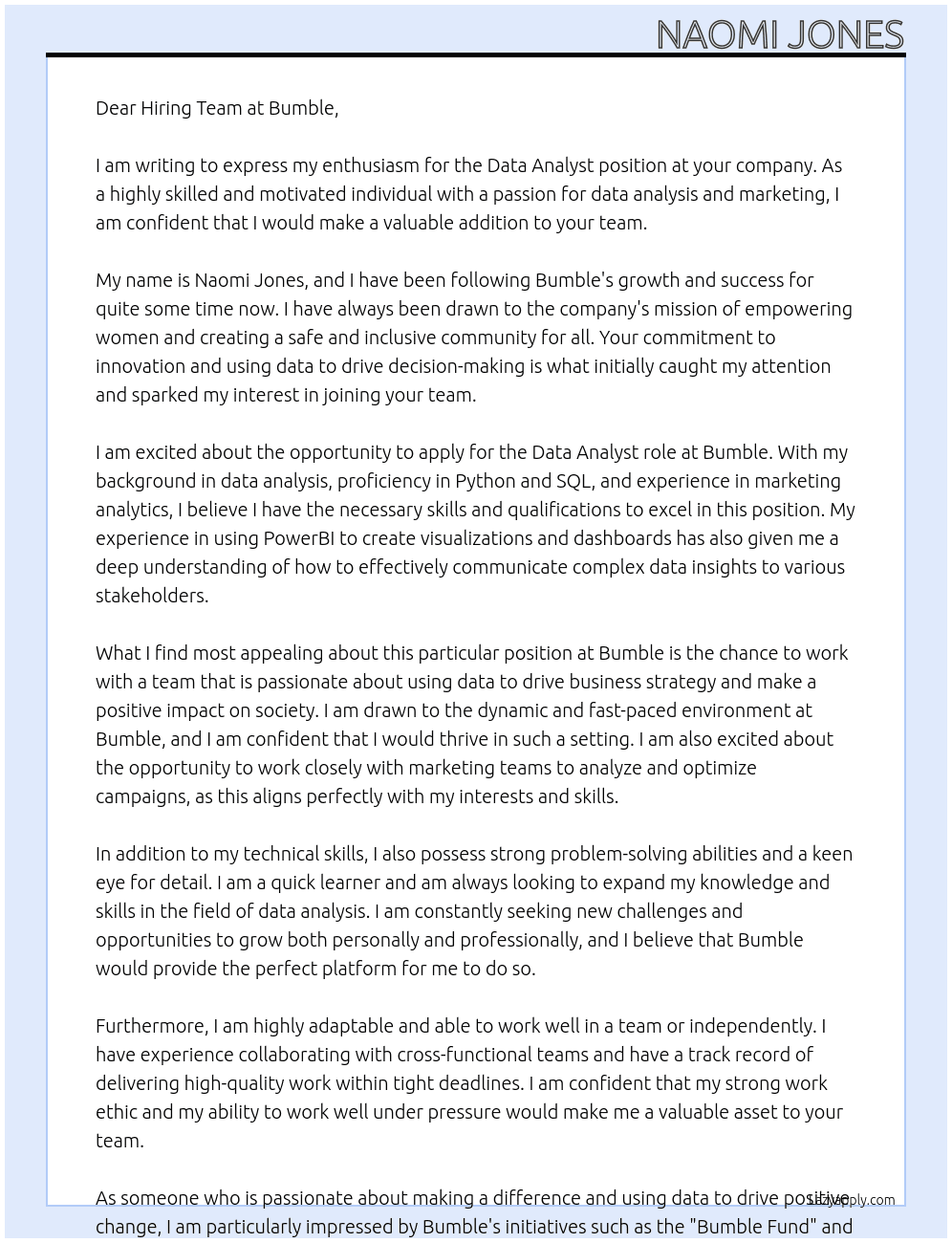 Data Analyst At Bumble Cover Letter