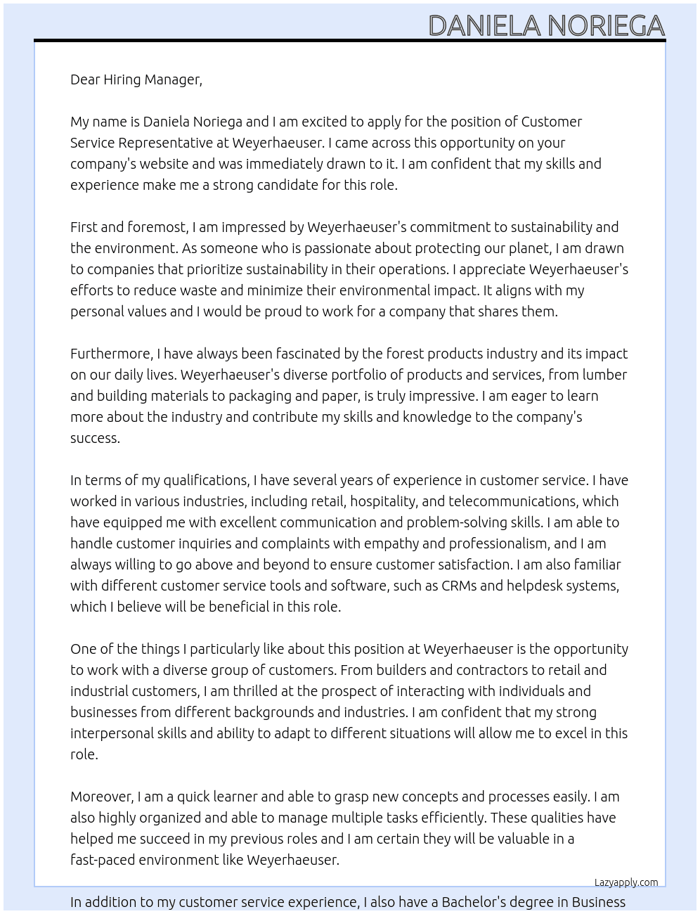 Customer Service Representative At Weyerhaeuser Cover Letter