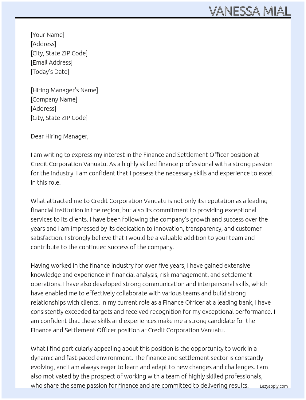 Finance and settlement officer At Credit Corporation vanuatu Cover Letter