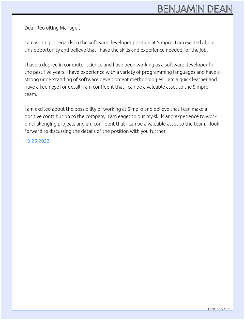 software developer At Simpro Cover Letter