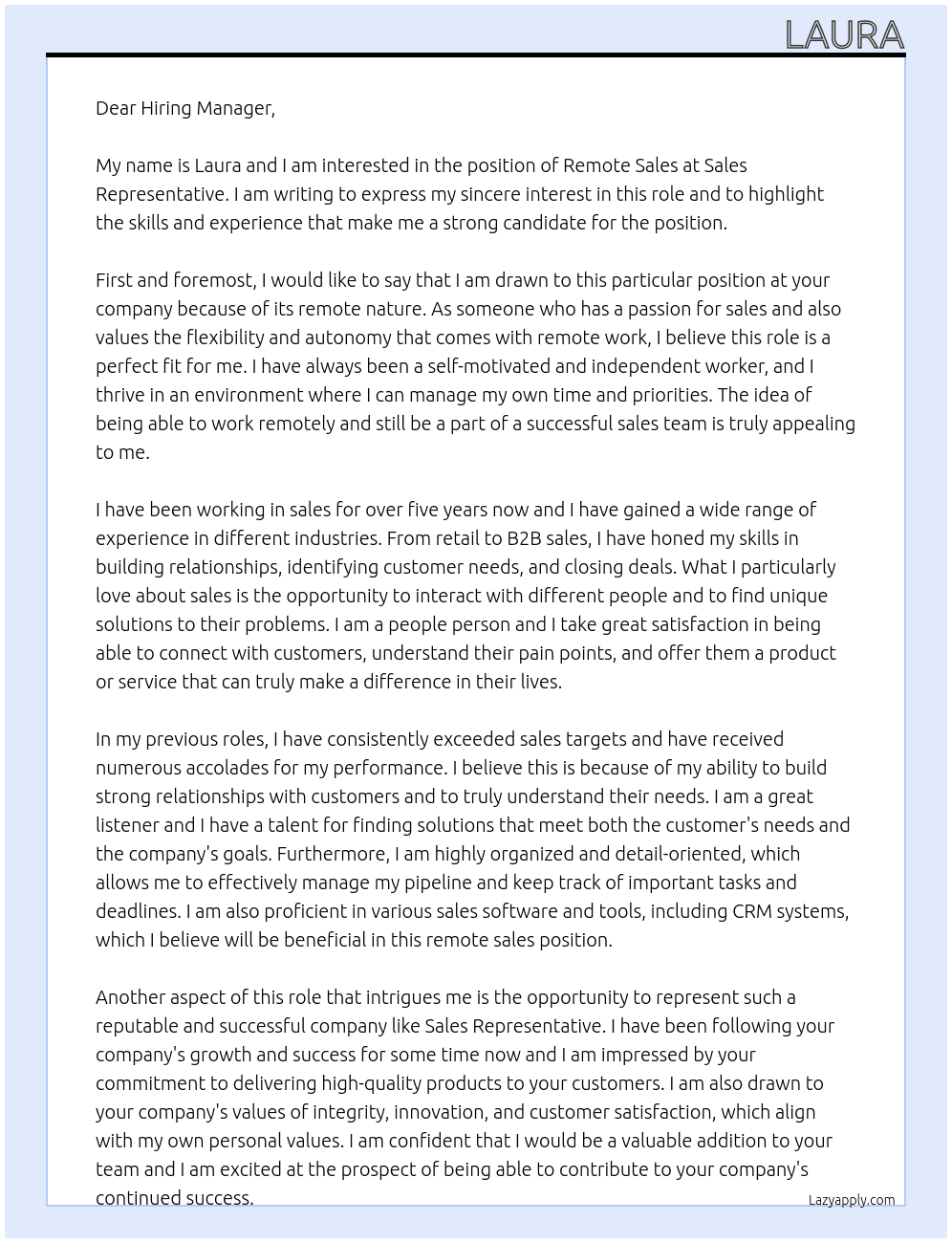 Remote sales At Sales representative Cover Letter