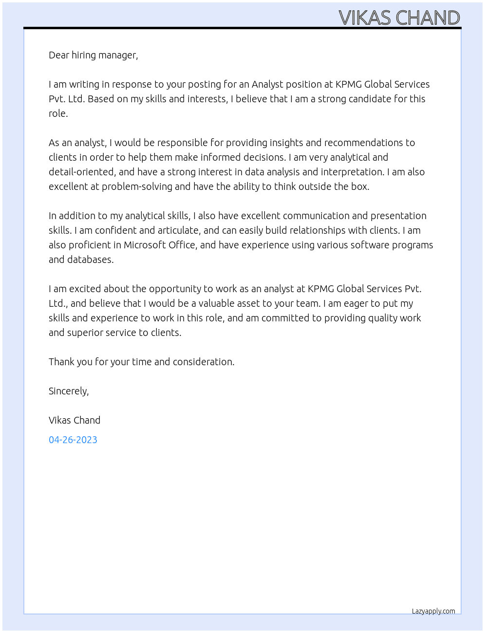 Analyst At KPMG Global Services Pvt. Ltd. Cover Letter