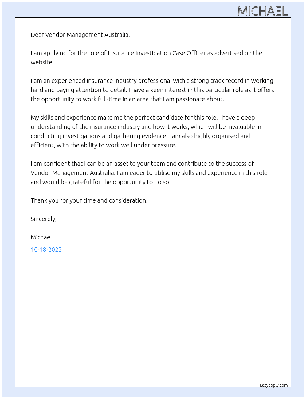 Insurance Investigation Case Officer At Vendor Management Australia Cover Letter