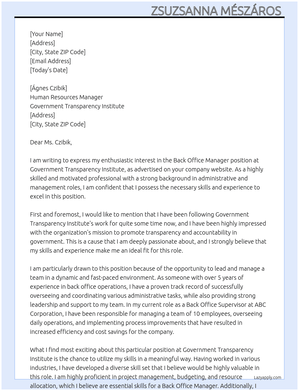 Back Office Manager At Government Transparency Institute Cover Letter