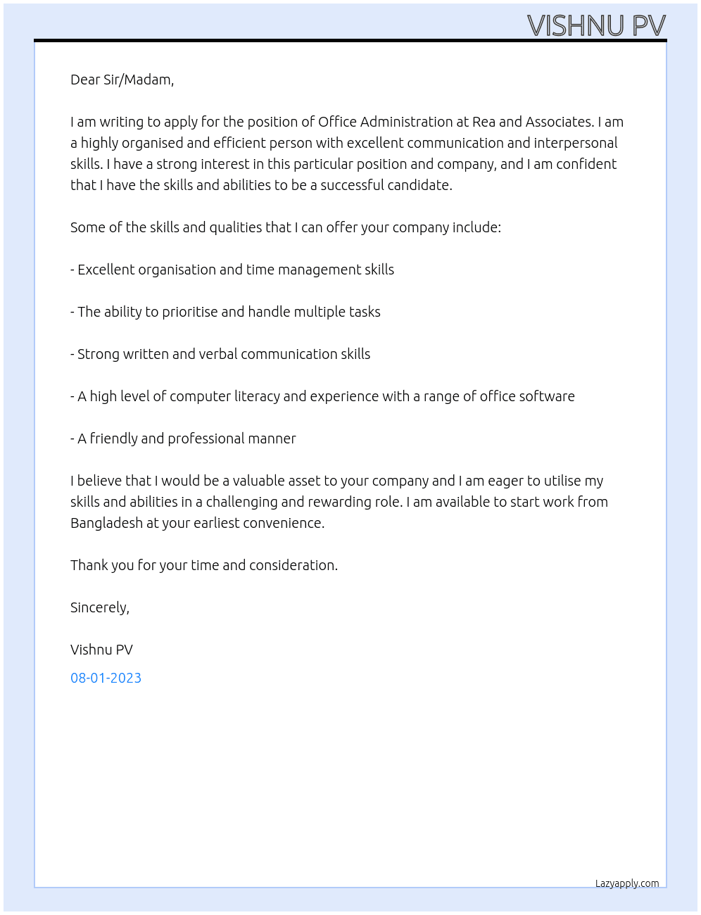Office Administration  At Rea and associate Cover Letter