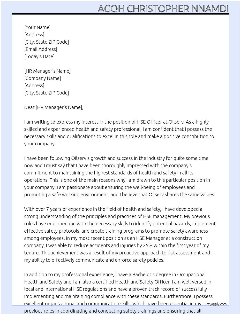 Hse officer At Oilserv Cover Letter