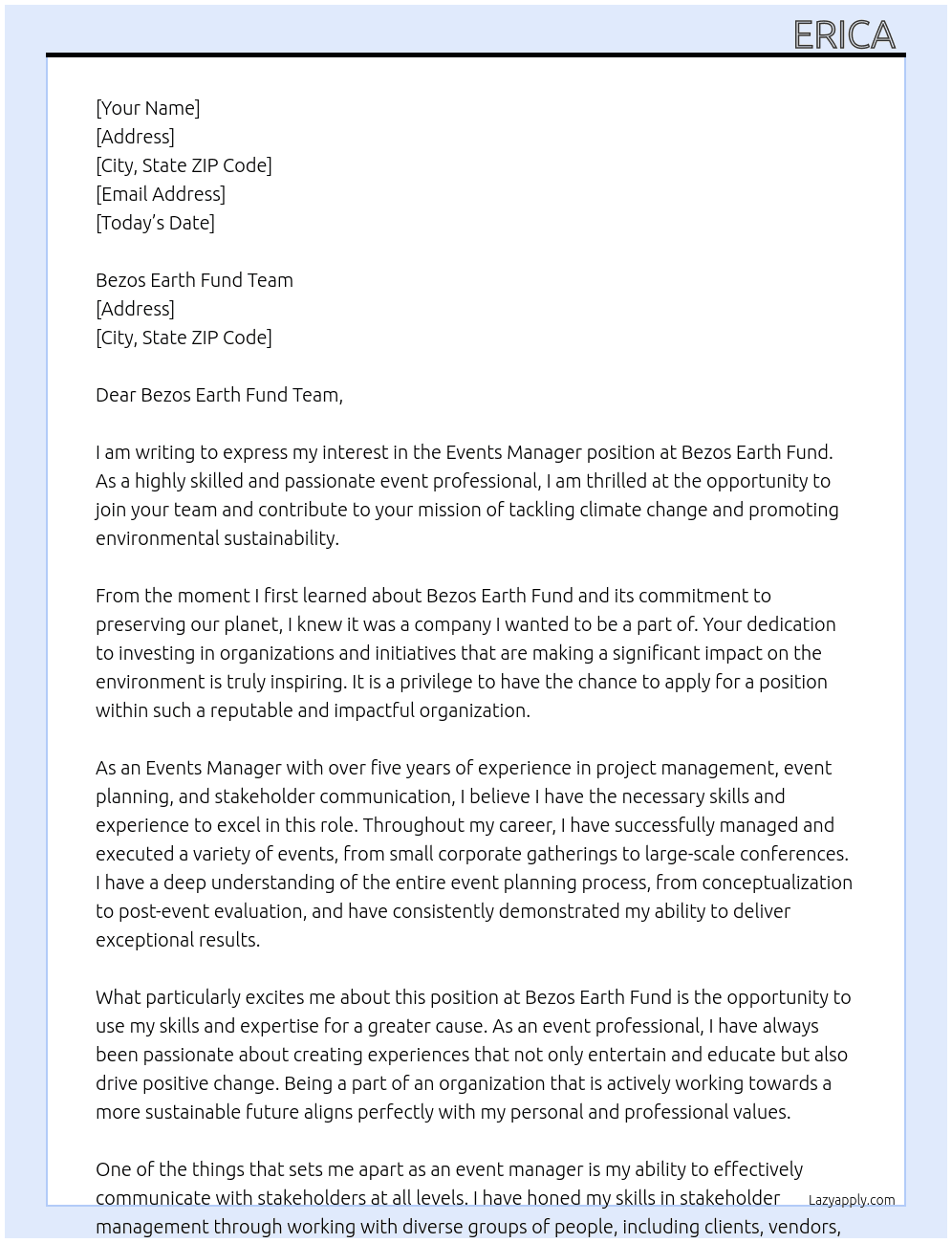 Events manager At Bezos Earth Fund Cover Letter