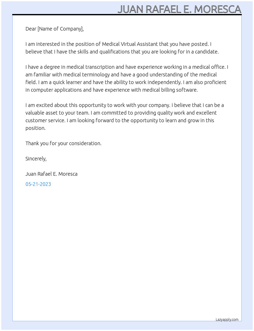 Medical Virtual Assistant At My Mountain Movers Cover Letter