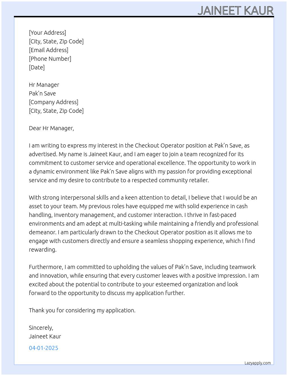 Checkout operator At Pak’n Save Cover Letter